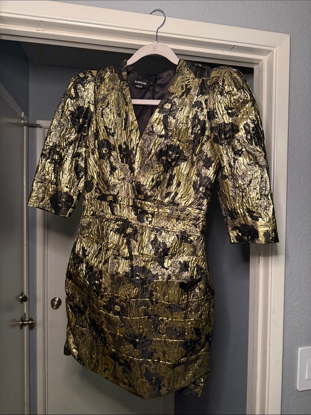 bebe Gold and Black Metallic V-Neck Mini Dress